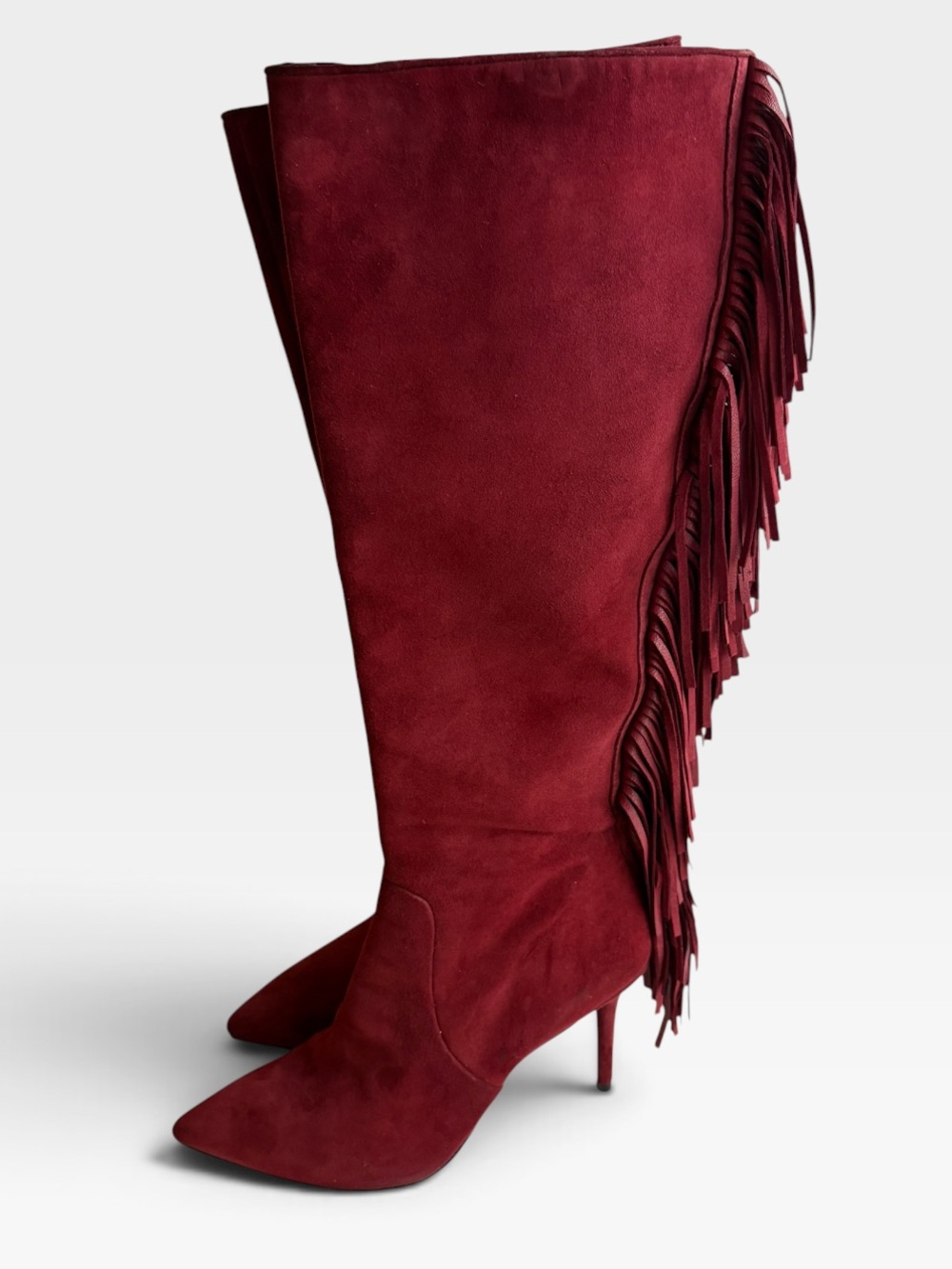 Brian Atwood Burgundy Suede Fringe Knee High Boots 8.5